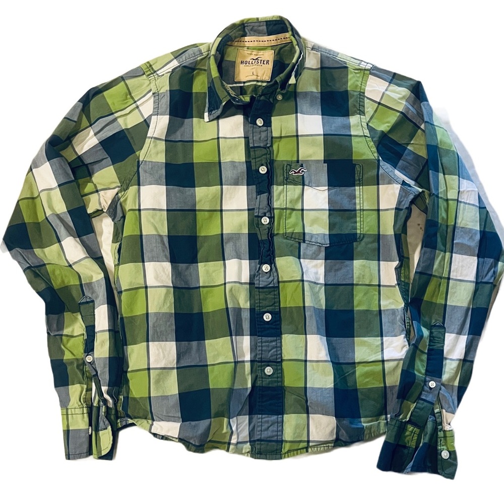 Hollister Green Blue Plaid Y2K Long Sleeve Button Down Shirt